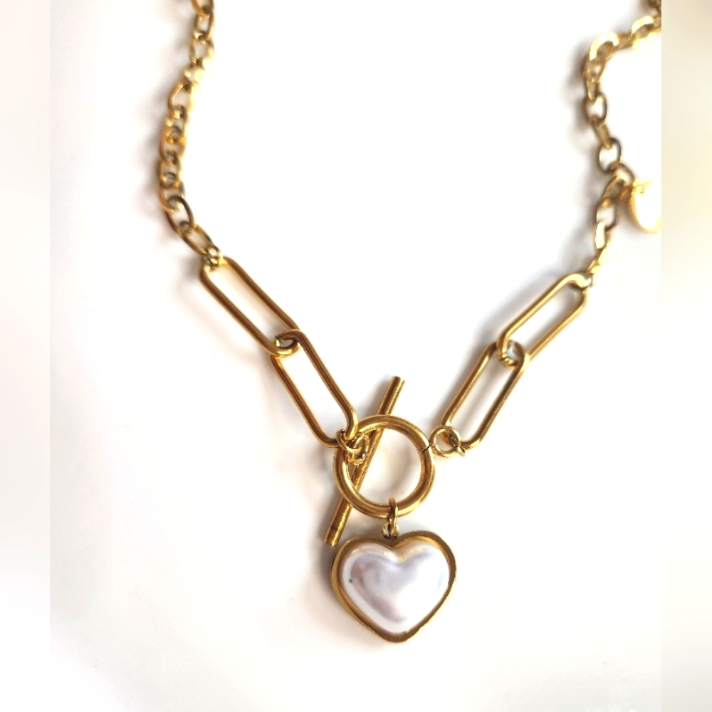 Golden Stainless Steel White Heart Pendant Necklace